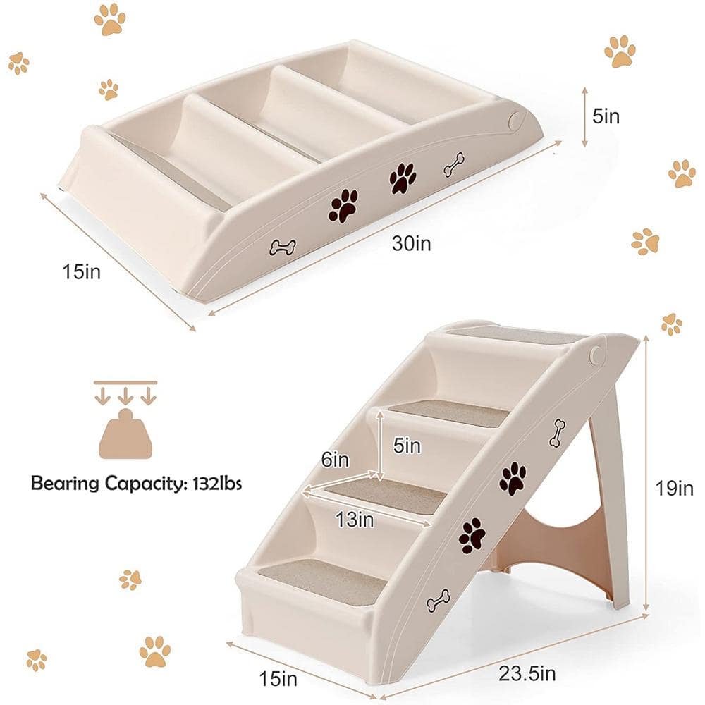 WELLFOR Beige Collapsible 4 Step Pet Stairs Ramp Furniture Cover for Dog and Cats PS-HWY-7473BE