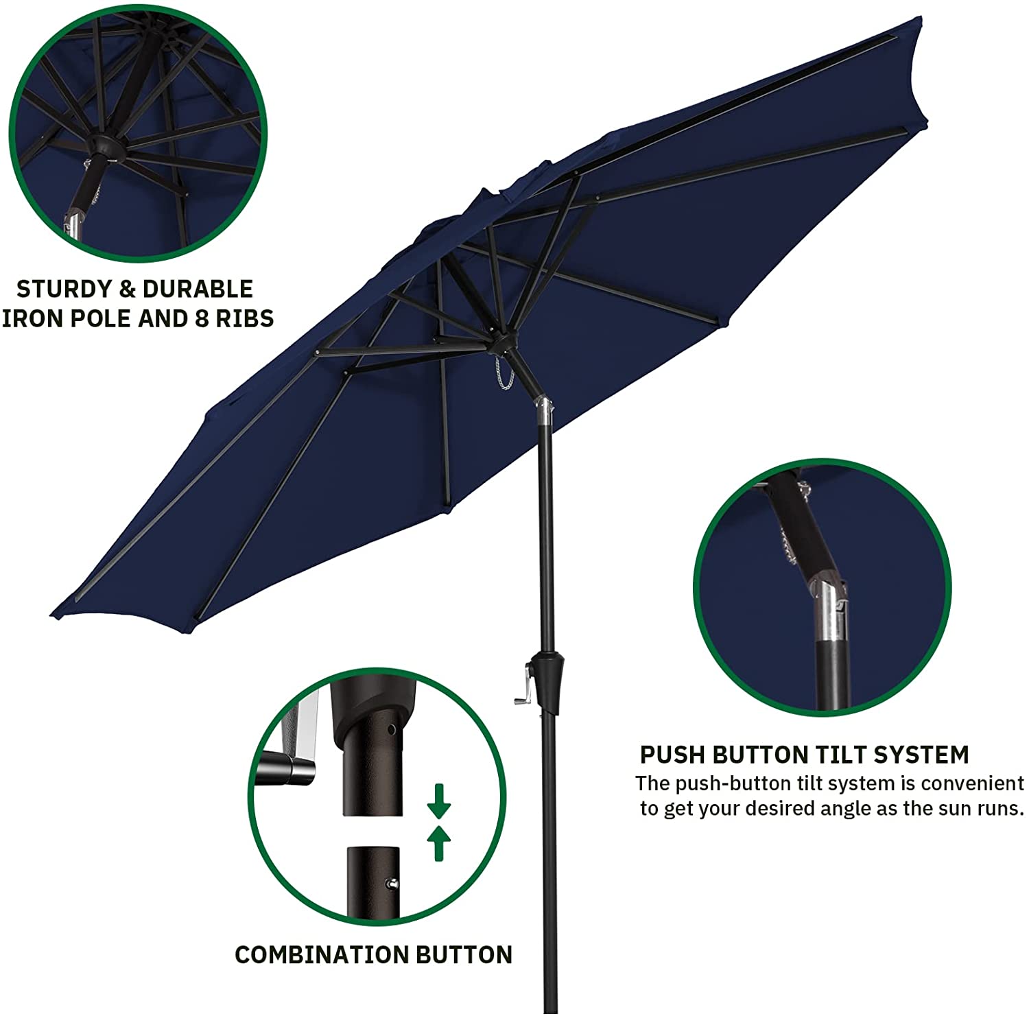 CozyBox Navy Blue Premium 9ft Patio Umbrella Backyard Sun Shade with 8 Ribs/Tilt Adjustment and Crank Lift System Outdoor Umbrella