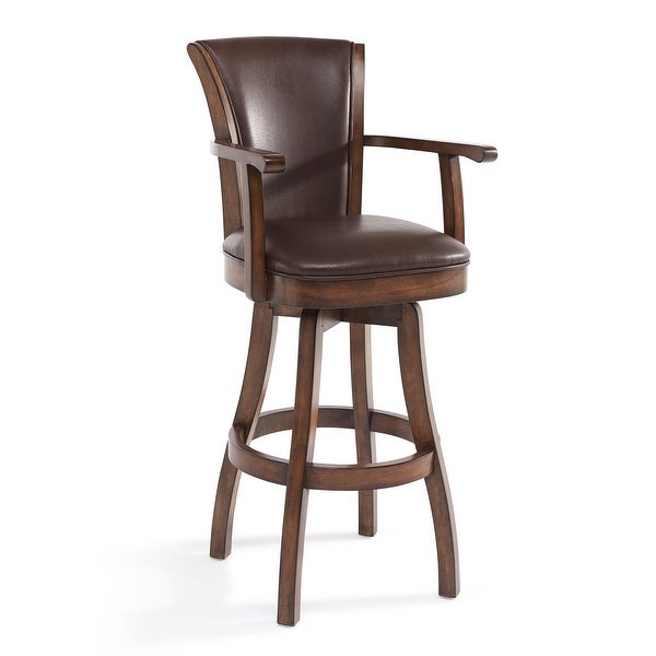 Wooden Counter Stool with Swivel Leatherette Seat and Arms， Brown