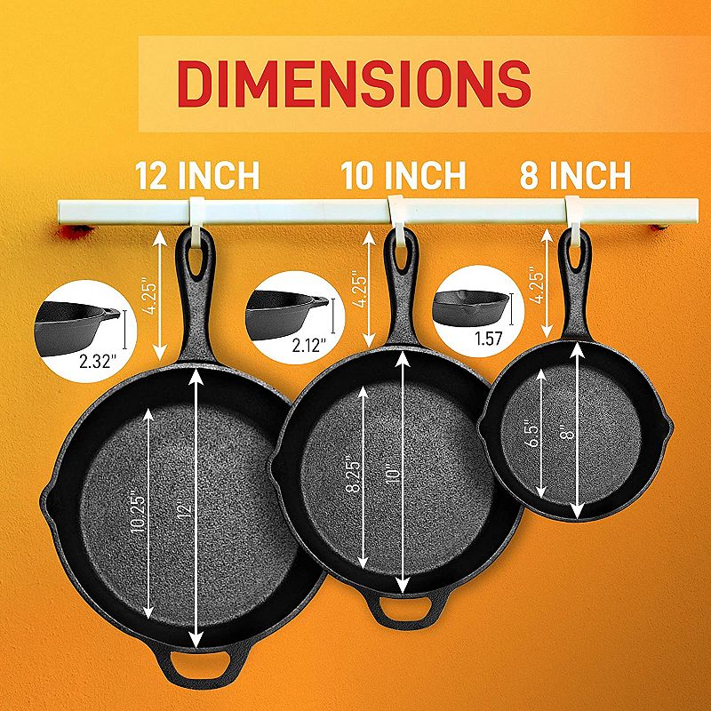 NutriChef Non Stick Pre Seasoned Cast Iron Skillet Frying Pan， 3 Piece Set