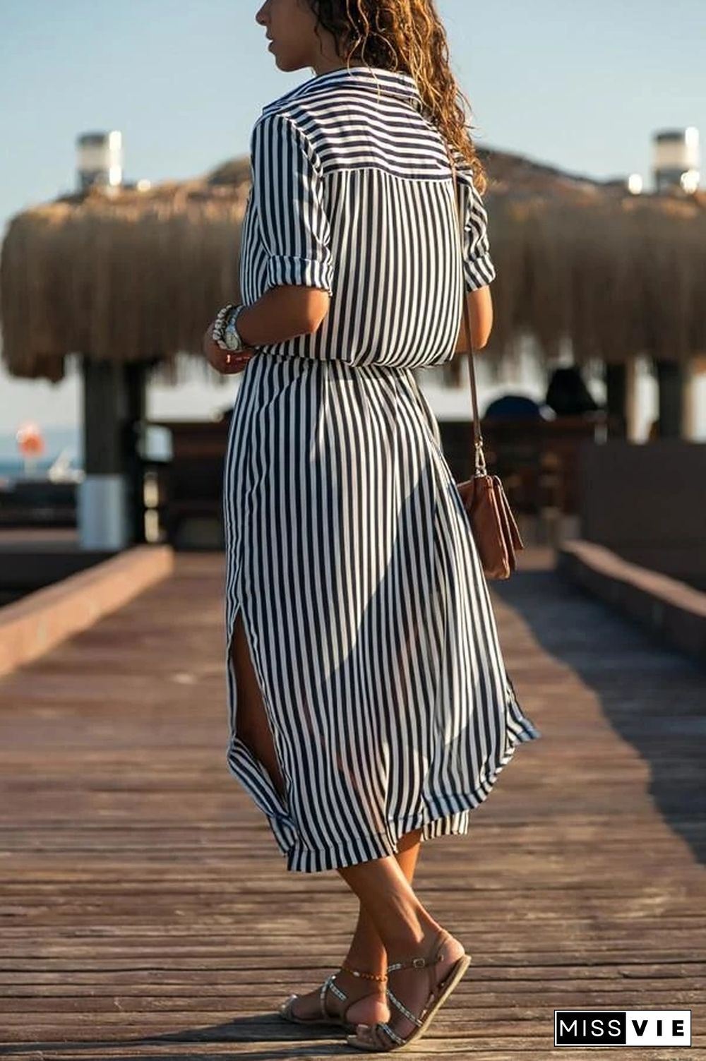 Long Striped Long Sleeve Long Shirt Dress