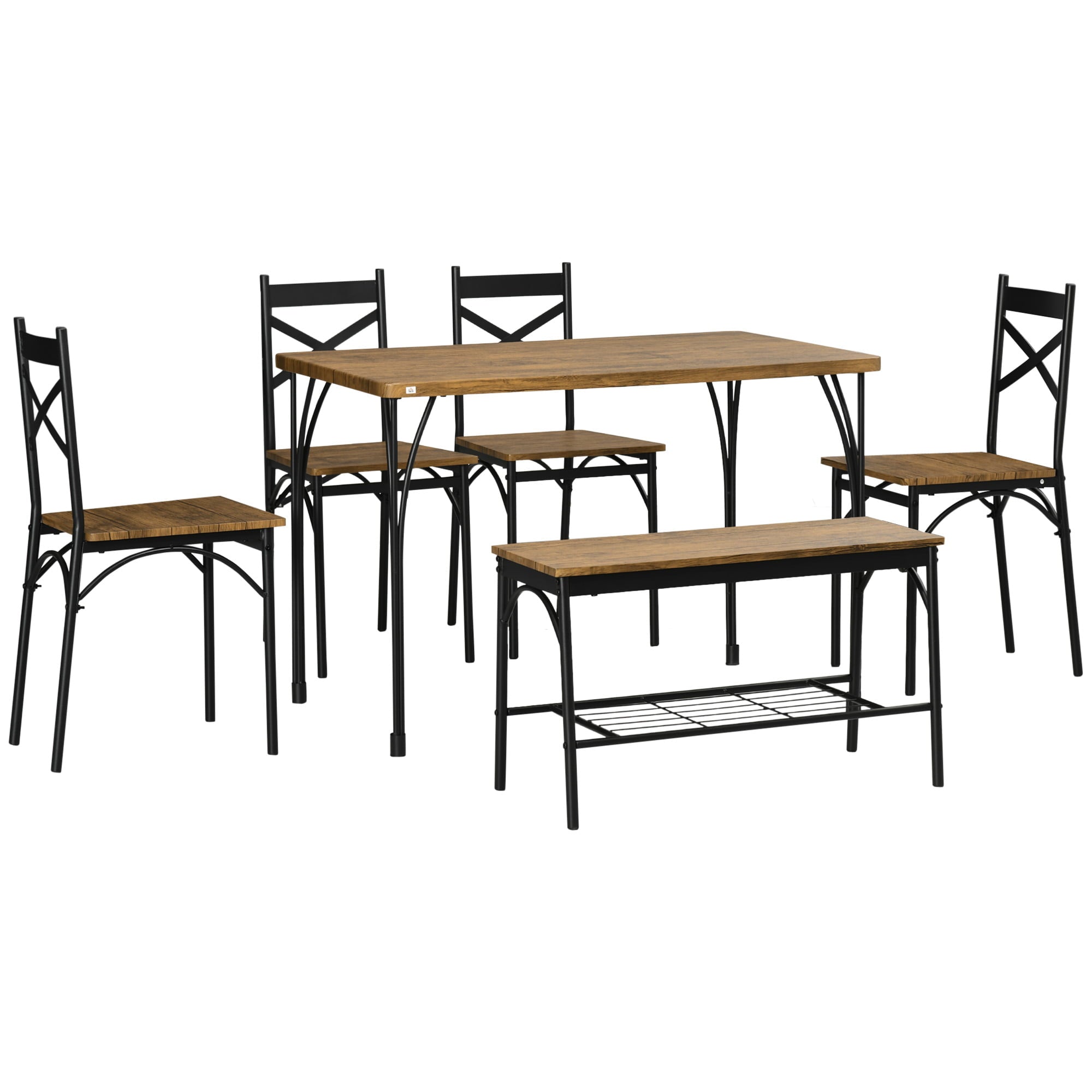 Industrial Dining Table Set for 6 People, 6 Piece Kitchen Table and Chairs Set, Dinner Table with Bench, Steel Frame and Storage Shelf, Dinette Set, Rustic Brown