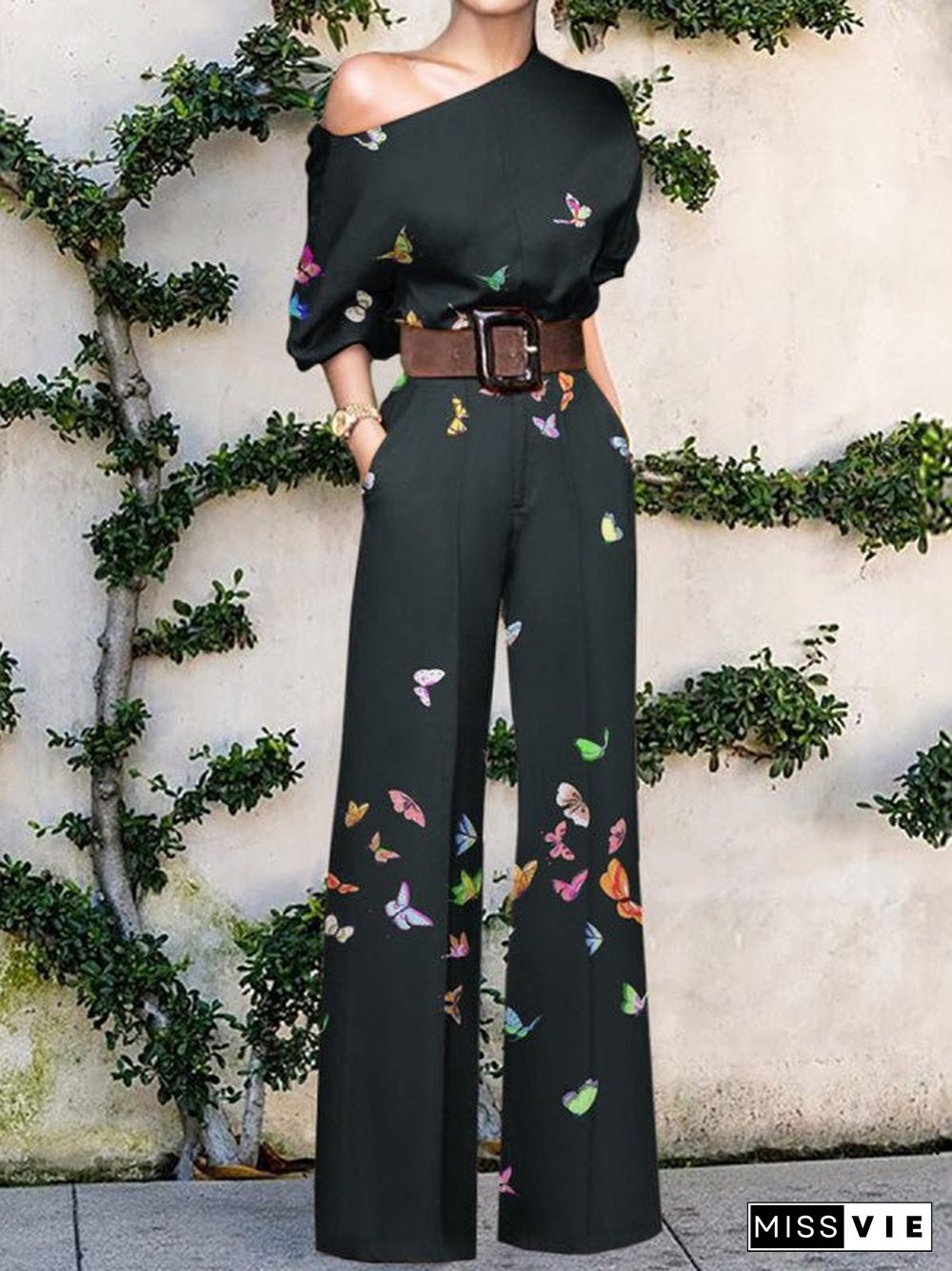 Women'S Jumpsuits Printed Sloping Shoulder Wide-Leg Jumpsuit