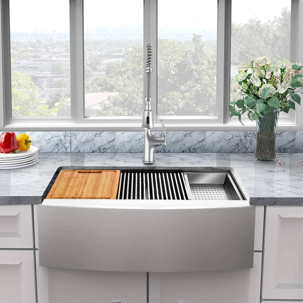 Glacier Bay Zero Radius Farmhouse Apron-Front 18G Stainless Steel 33 in. Single Bowl Workstation Kitchen Sink with Accessories 4312F