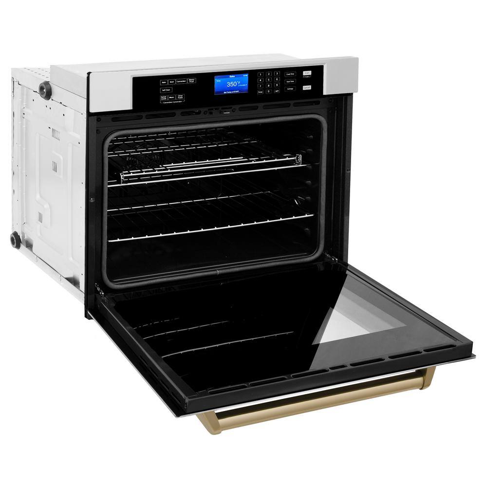 ZLINE Kitchen and Bath Autograph Edition 30 in. Single Electric Wall Oven with True Convection and Champagne Bronze Handle in Stainless Steel AWSZ-30-CB