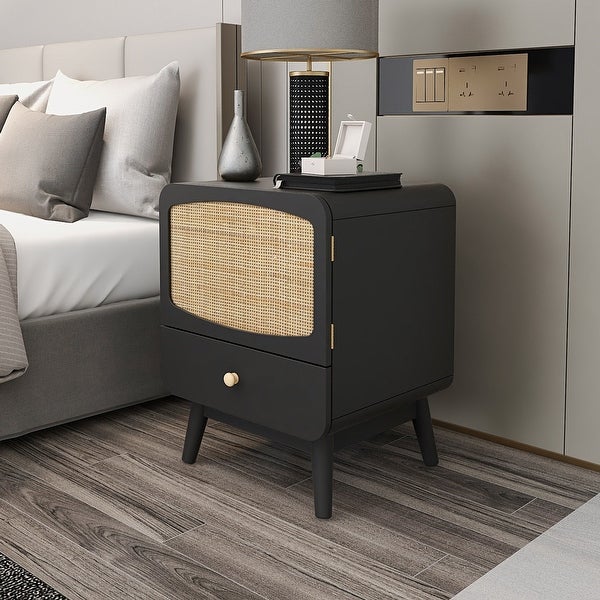 Black Nightstand， Bedside Table with Storage Drawe Rattan Door