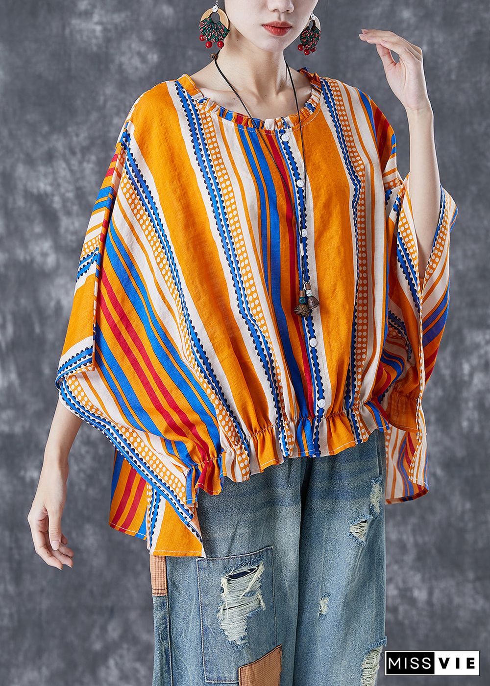 Bohemian Yellow Oversized Striped Wrinkled Cotton Shirt Batwing Sleeve