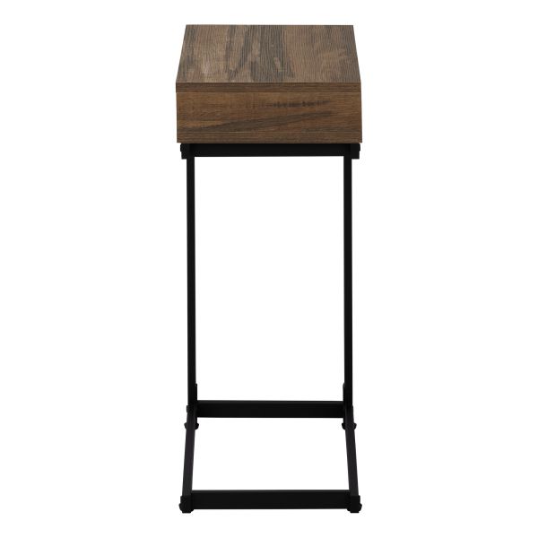 Accent Table， C-shaped， End， Side， Snack， Storage Drawer， Living Room， Bedroom， Brown Laminate， Black Metal， Contemporary， Modern