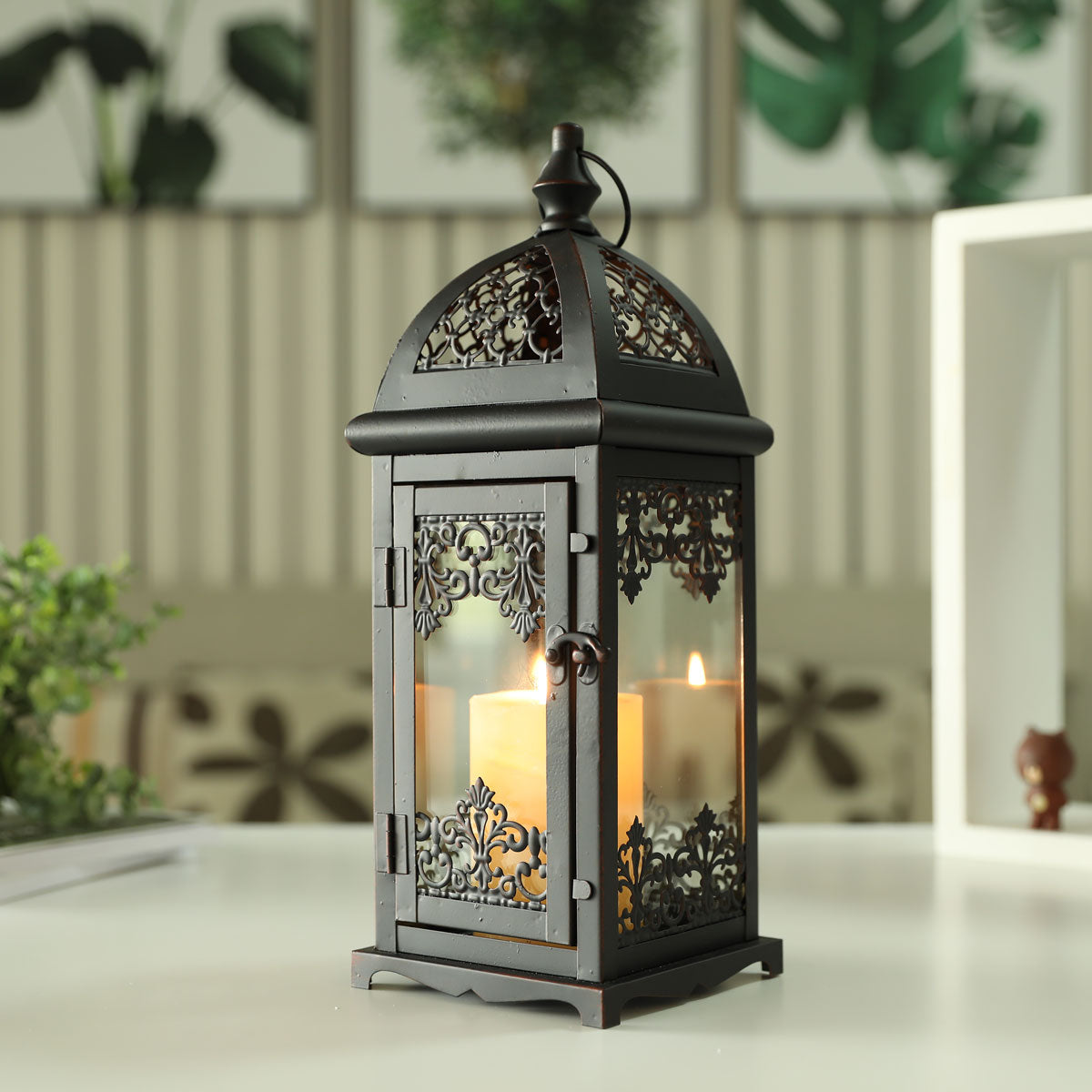 JHY DESIGN 15''H Metal Vintage Candle Lanterns for Home Patio Garden (Black)