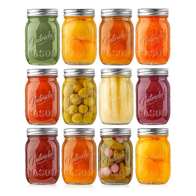 Nutrichef 12 Pcs Glass Mason Jars With Regular Lids And Bands Diy Magnetic Spice Jars Ideal For Meal Prep Jam Honey Wedding Favors And More