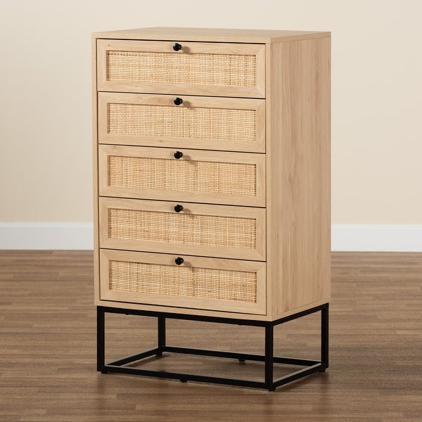 Amelia Mid-Century Modern Transitional Natural Brown Finished Wood and Natural Rattan 5-Drawer Storage Cabinet - - 36620824