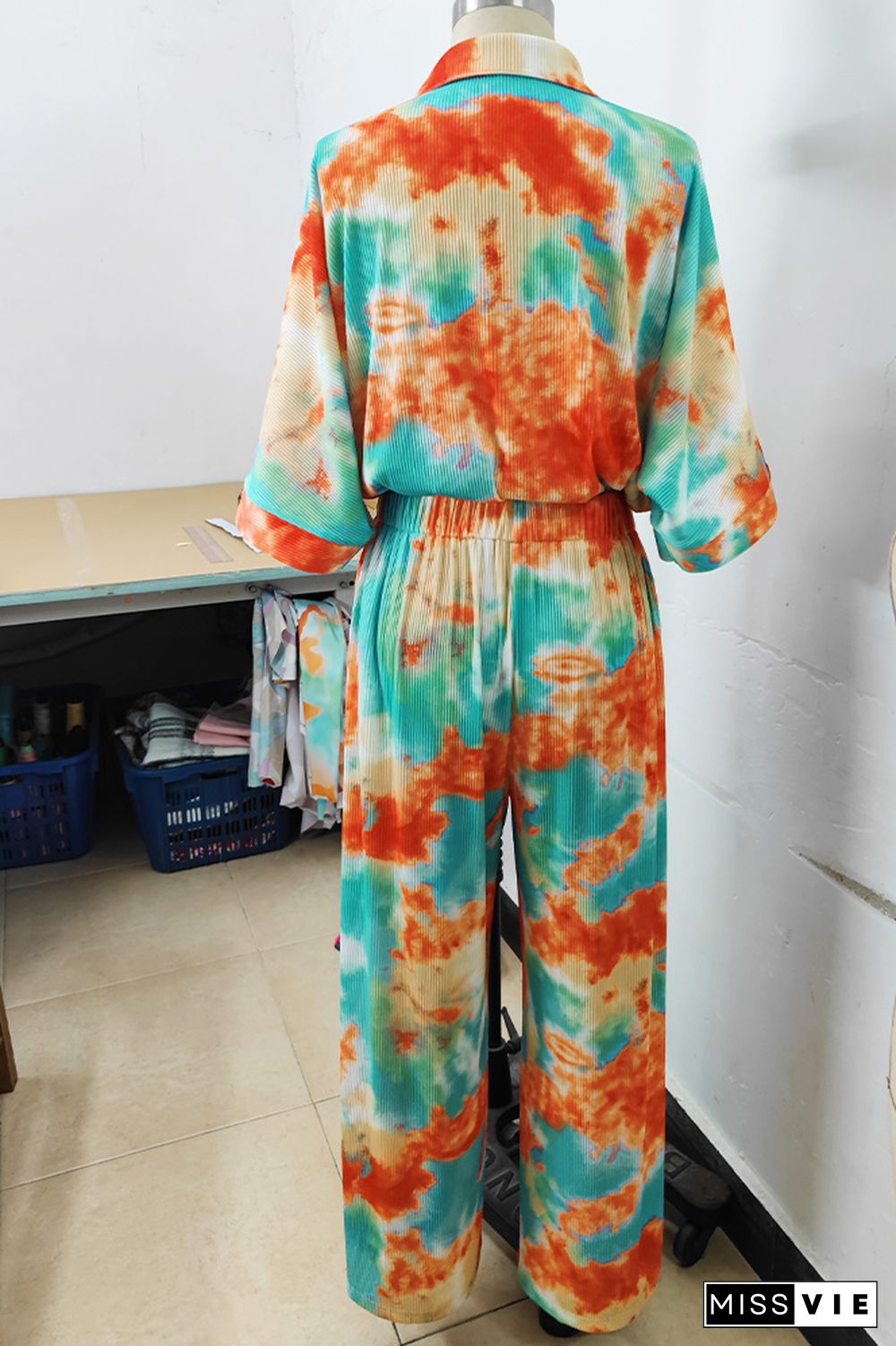 Pleated Tie Dye Buttoned Wide Leg Jumpsuit