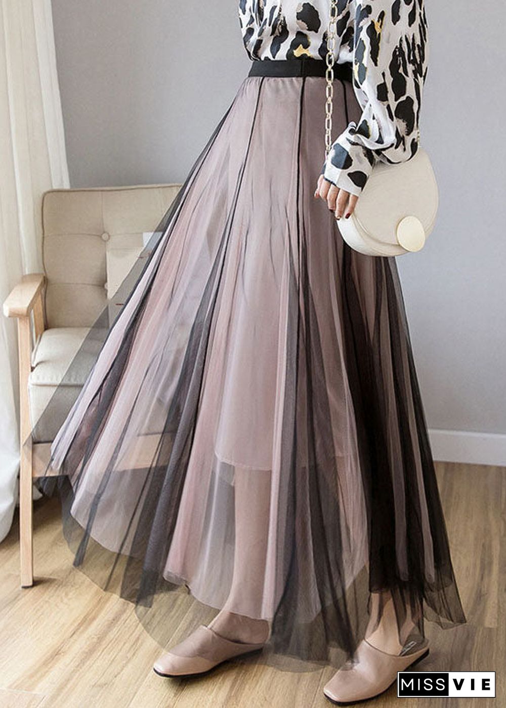 Layered Grey Pink Elastic Waist Tulle A Line Skirt Fall