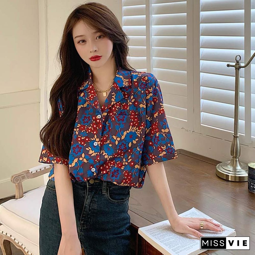 Vintage Floral Print Pocket Loose T-Shirt