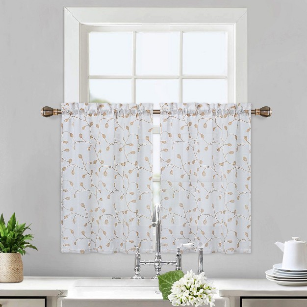 Trinity Tier Floral Kitchen Curtains Embroidered Set For Half Window 2 Panels