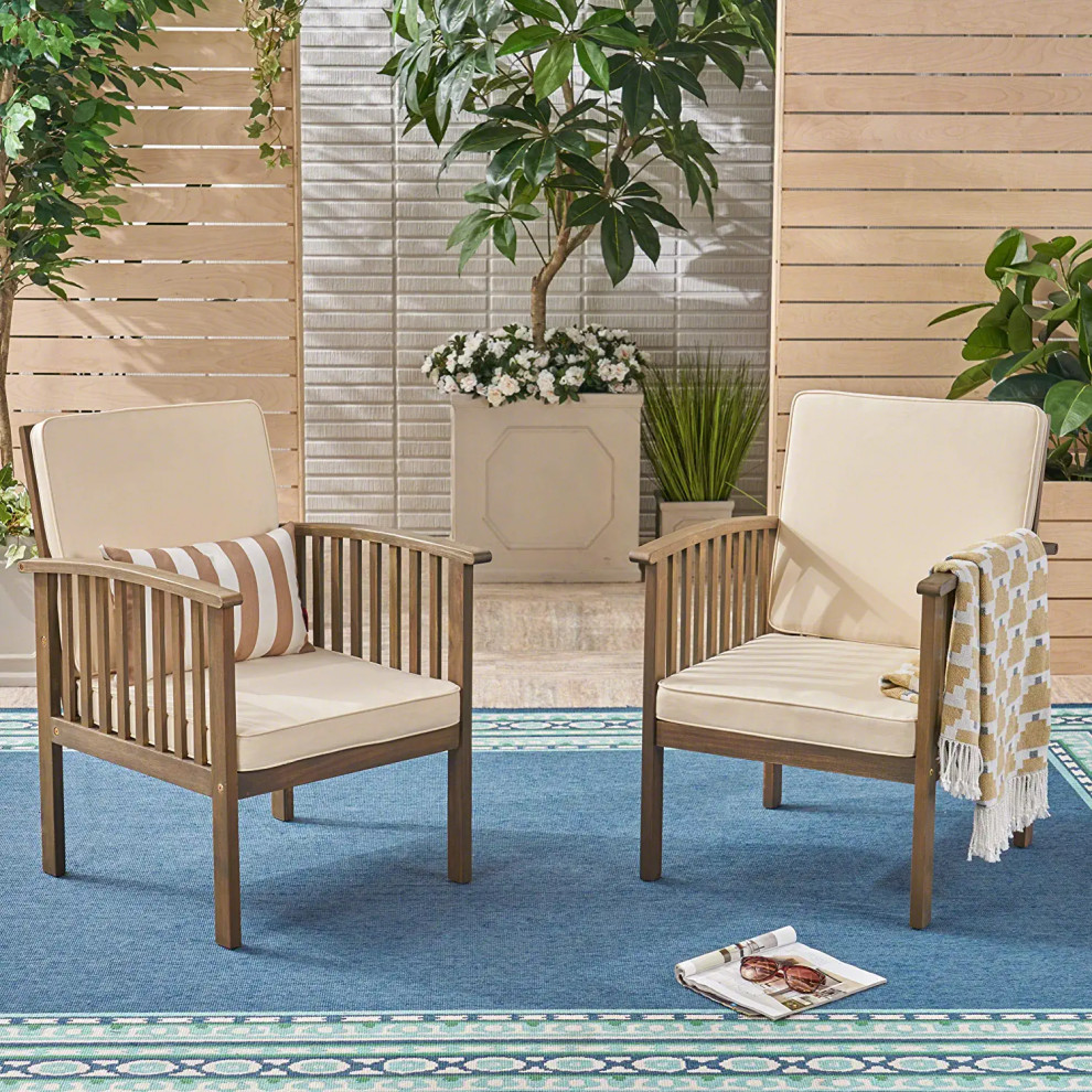 2 Pack Patio Lounge Chair  Slatted Acacia Wood Frame  ampCushioned Seat   Craftsman   Outdoor Lounge Chairs   by Decor Love  Houzz