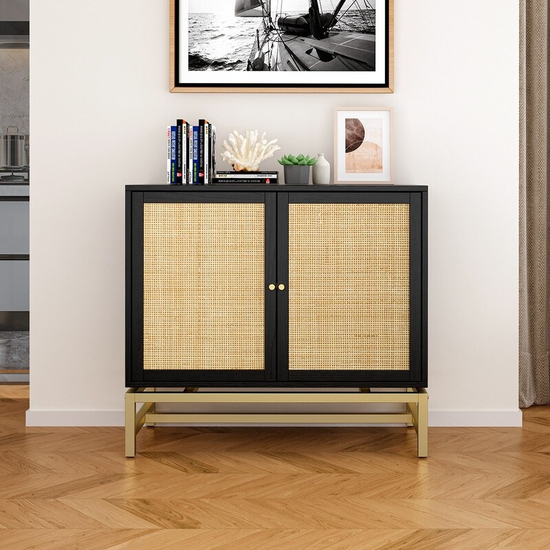 2-Door Accent Cabinet Storage Cabinet With Rattan Skin Decoration 1 Adjustable Inner Shelves，For Dining Room and Living Room