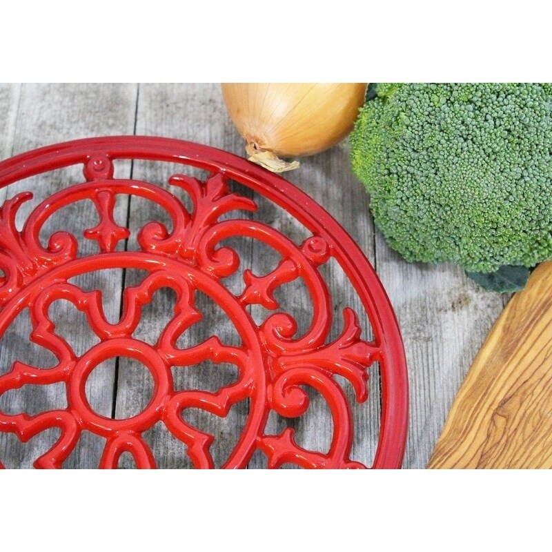 Chasseur French Fleur De Lys Enameled Cast Iron Trivet  9 inch Diameter  Red.