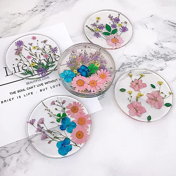 Drink Coasters Flower Cup Mat-epoxy Resin Coasters With Colorful Natural Floral Reusable Round Kitchen Utensils For Dining Cups (set Of 4) (4， Bd0001)