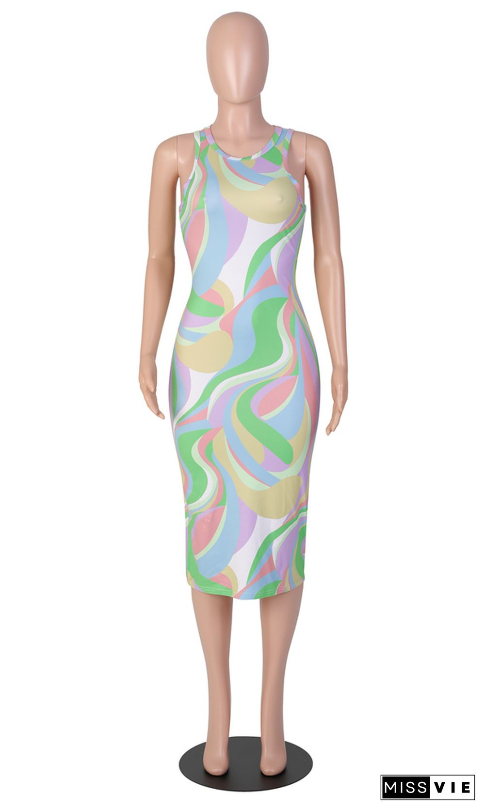 Aesthetic Print O-Neck Sleeveless Skinny Dresses