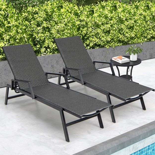 Costway 1 Pc 2 Pcs Outdoor Rattan Chaise Lounge With Armrests amp 5 position Backrest For Backyard