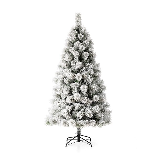 Glitzhome 6ft PreLit Flocked Artificial Pine/Fir Christmas Tree 300 Warm White Lights