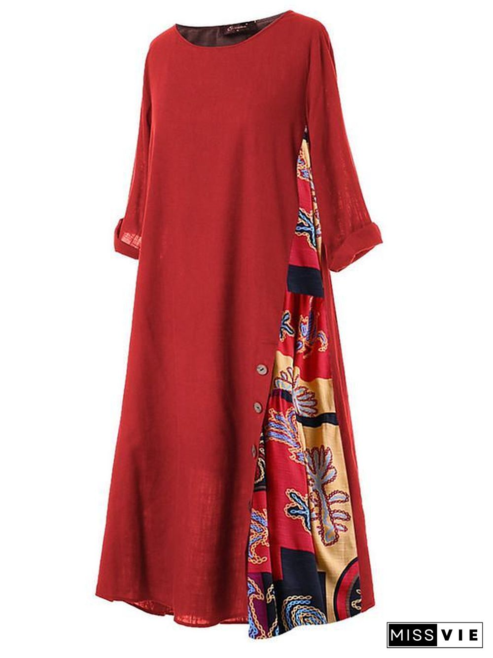 Women's Swing Dress Maxi long Dress - 3/4 Length Sleeve Print Print Spring & Summer Hot Casual Holiday vacation dresses Loose  Red Yellow Wine Army Green Navy Blue Gray L XL XXL 3XL 4XL 5XL