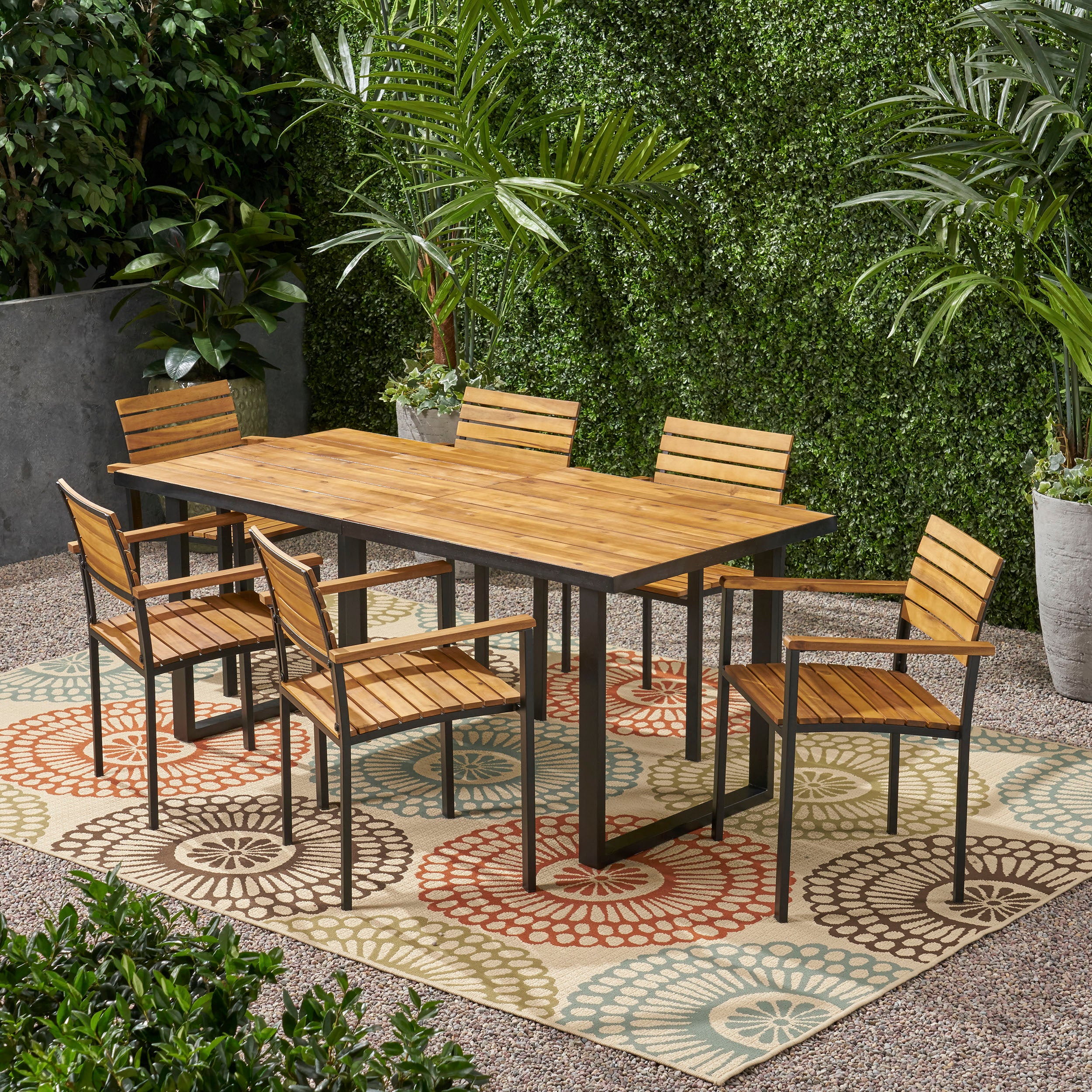 Yetta Outdoor 6 Seater Wood and Iron Dining Set