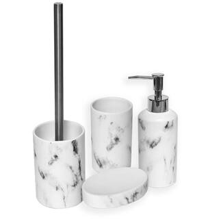 Marble  4-Pieces Bath Accessory Set with Soap Pump Tumbler Soap Dish and Toilet Brush Holder in Dolomite White SET4MARBLE-6182