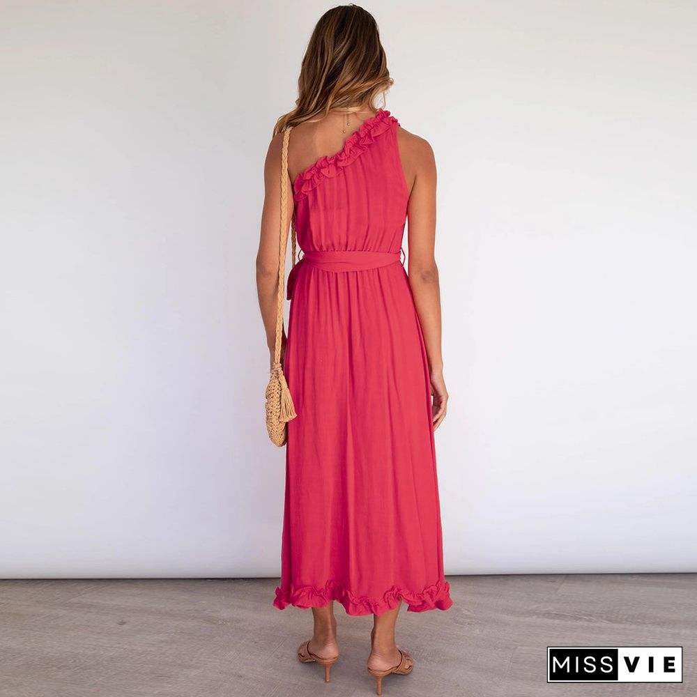 One Shoulder Tie Waist Maxi Dress