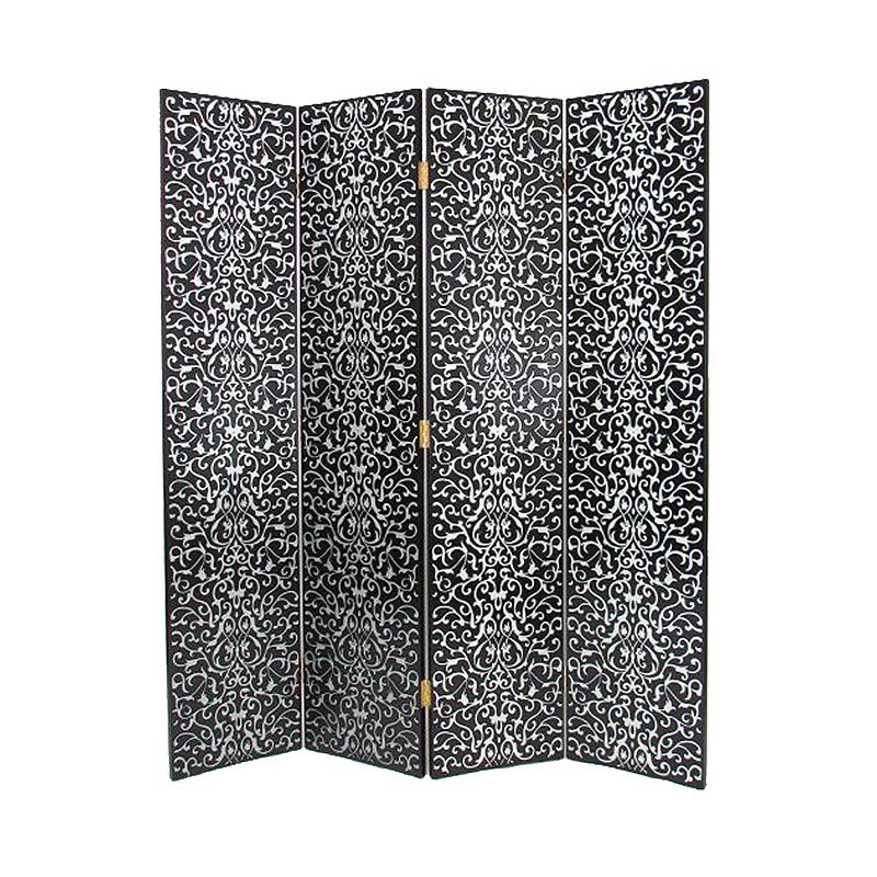 Wooden 4 Panel Room Divider with Scrolling Motifs， Black and Silver