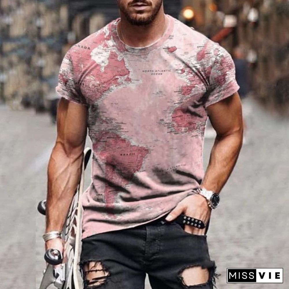 Trendy Men's Round Neck Slim Fit T-shirt Personalized Map Print Short Sleeve