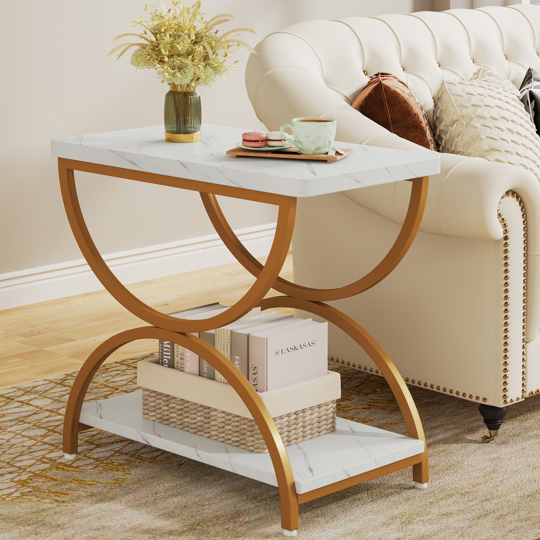 2-Tier End Table, Rectangular Side Table with Stylish Metal Frame