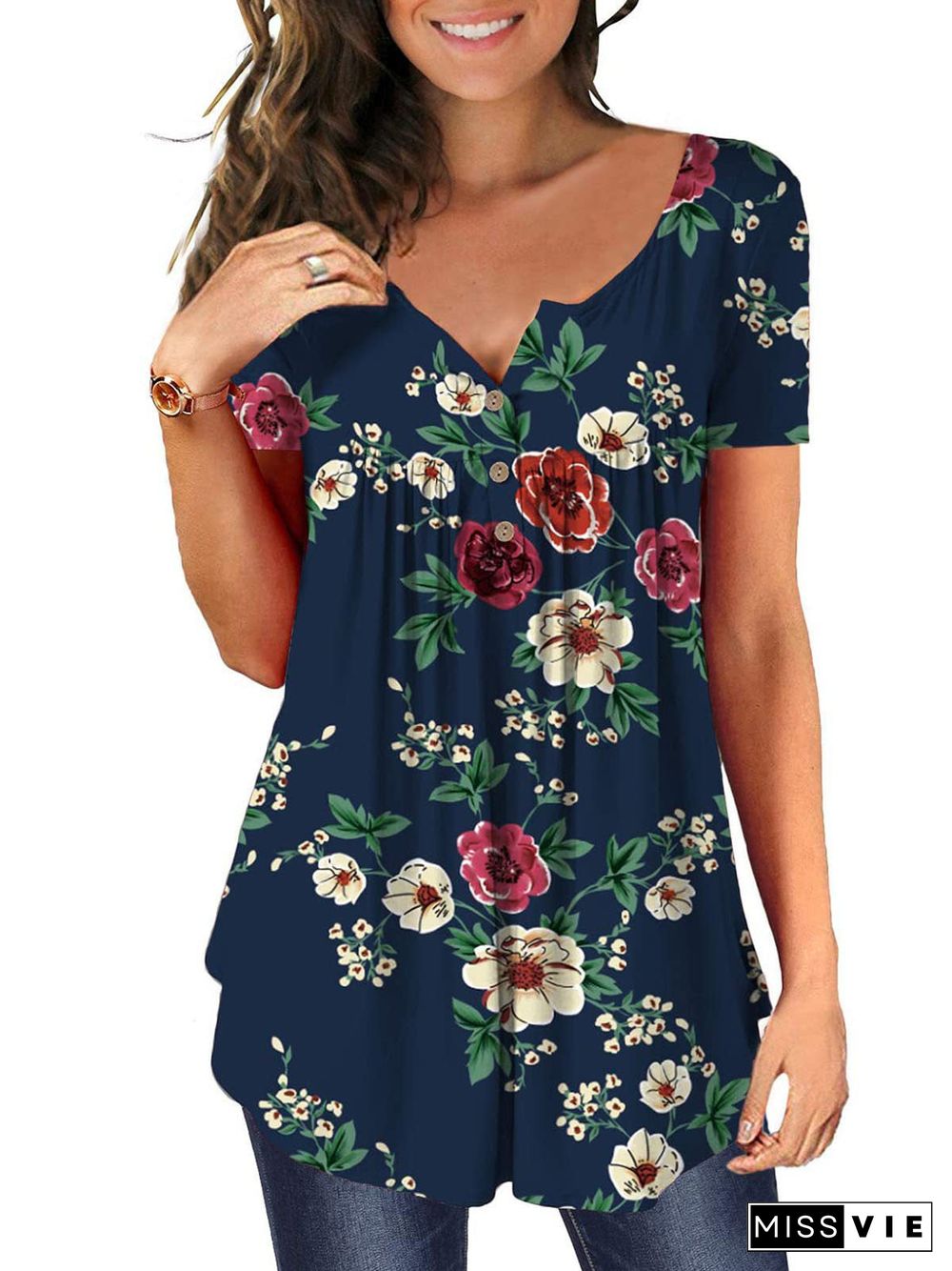 Women's V Neck Short Sleeve Floral Print Top T-Shirt