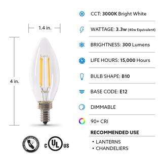 Feit Electric 40-Watt Equivalent B10 E12 Candelabra Dimmable Filament CEC Clear Glass Chandelier LED Light Bulb Bright White (4-Pack) BPCTC40930CAFIL4