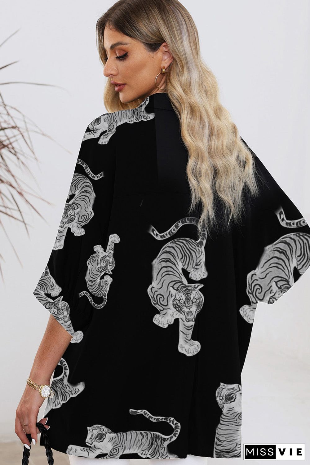 Black Tiger Print 3/4 Sleeve Oversized Shirt