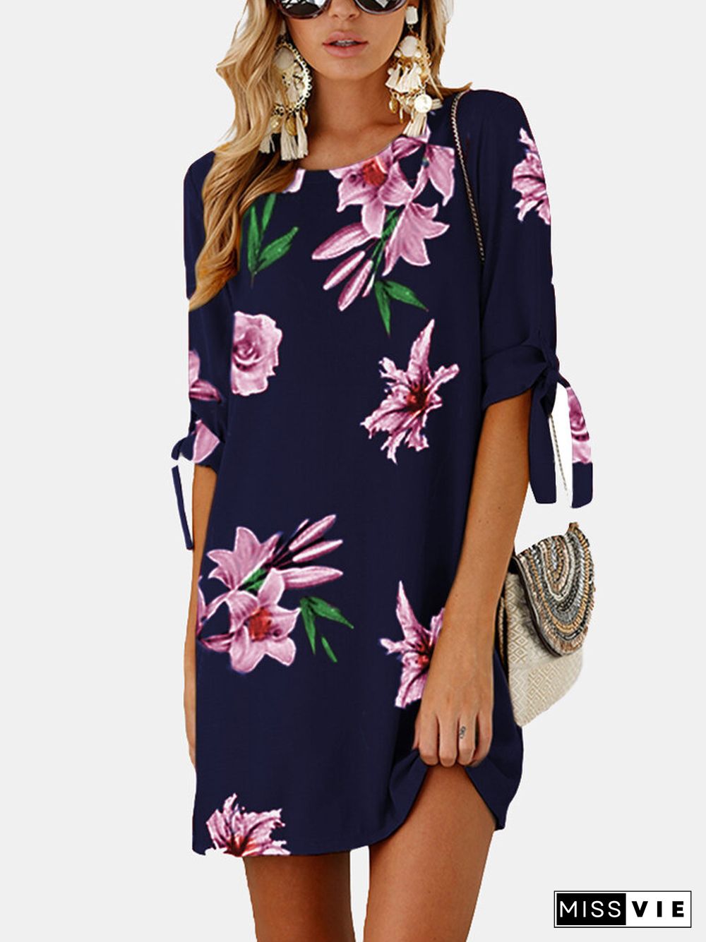 Floral Printed O-neck Half Sleeve Midi Dress