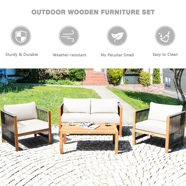 Costway 4pcs Wooden Patio Furniture Set Cushioned Sofa W rope Armrest White turquoise red