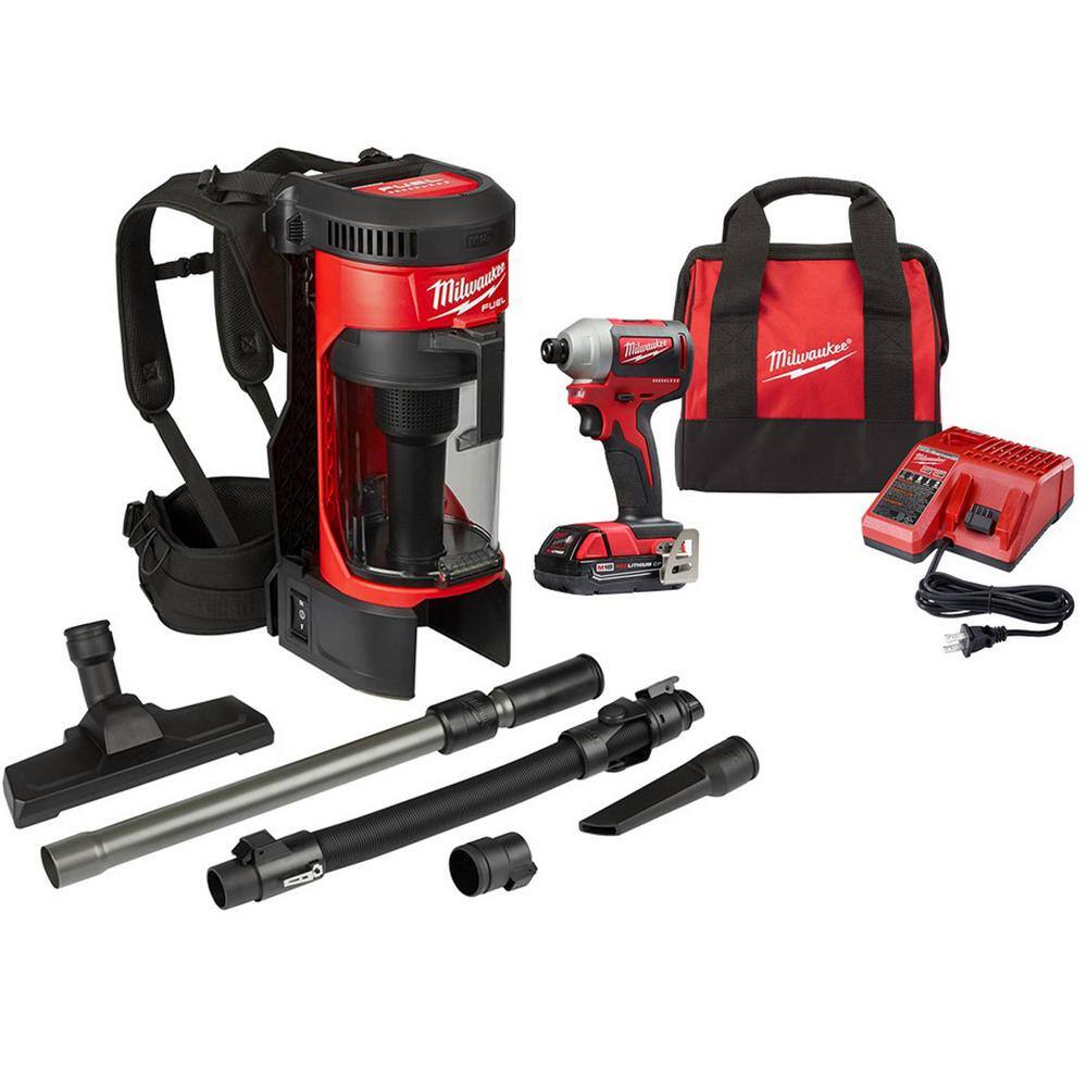 MW M18 FUEL 18-Volt Lithium-Ion Brushless 1 Gal. Cordless 3-in-1 Backpack Vacuum with M18 14 in. Compact Impact Driver Kit 0885-20-2850-21P