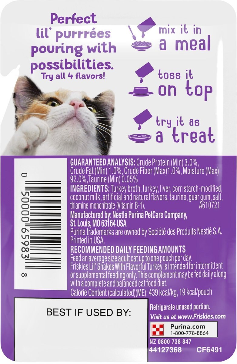 Friskies Pureed Topper Lil' Shakes With Flavorful Turkey Cat Food， 1.55-oz bag， Case of 16