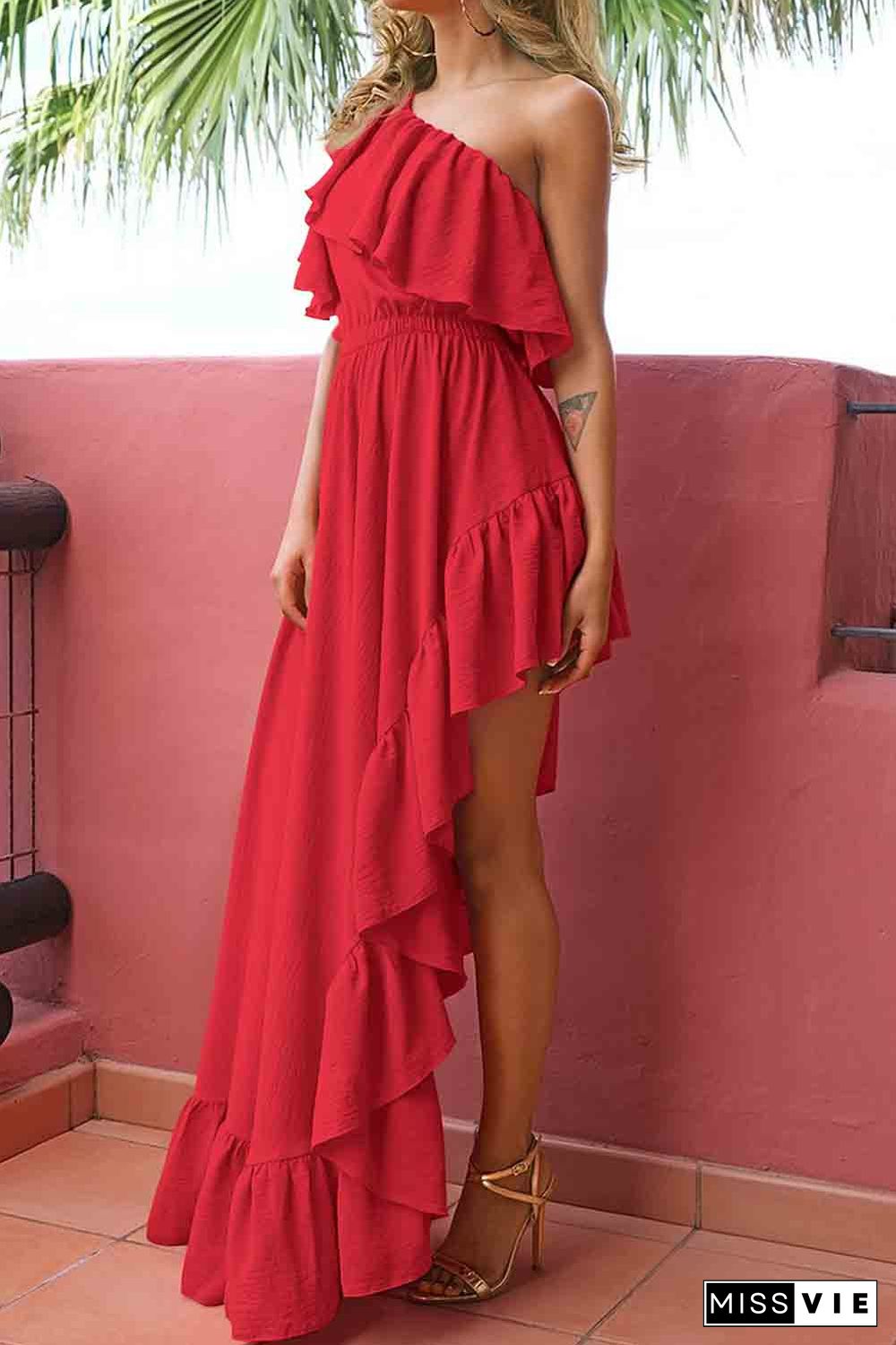 Red One Shoulder Ruffle High Low Maxi Dress