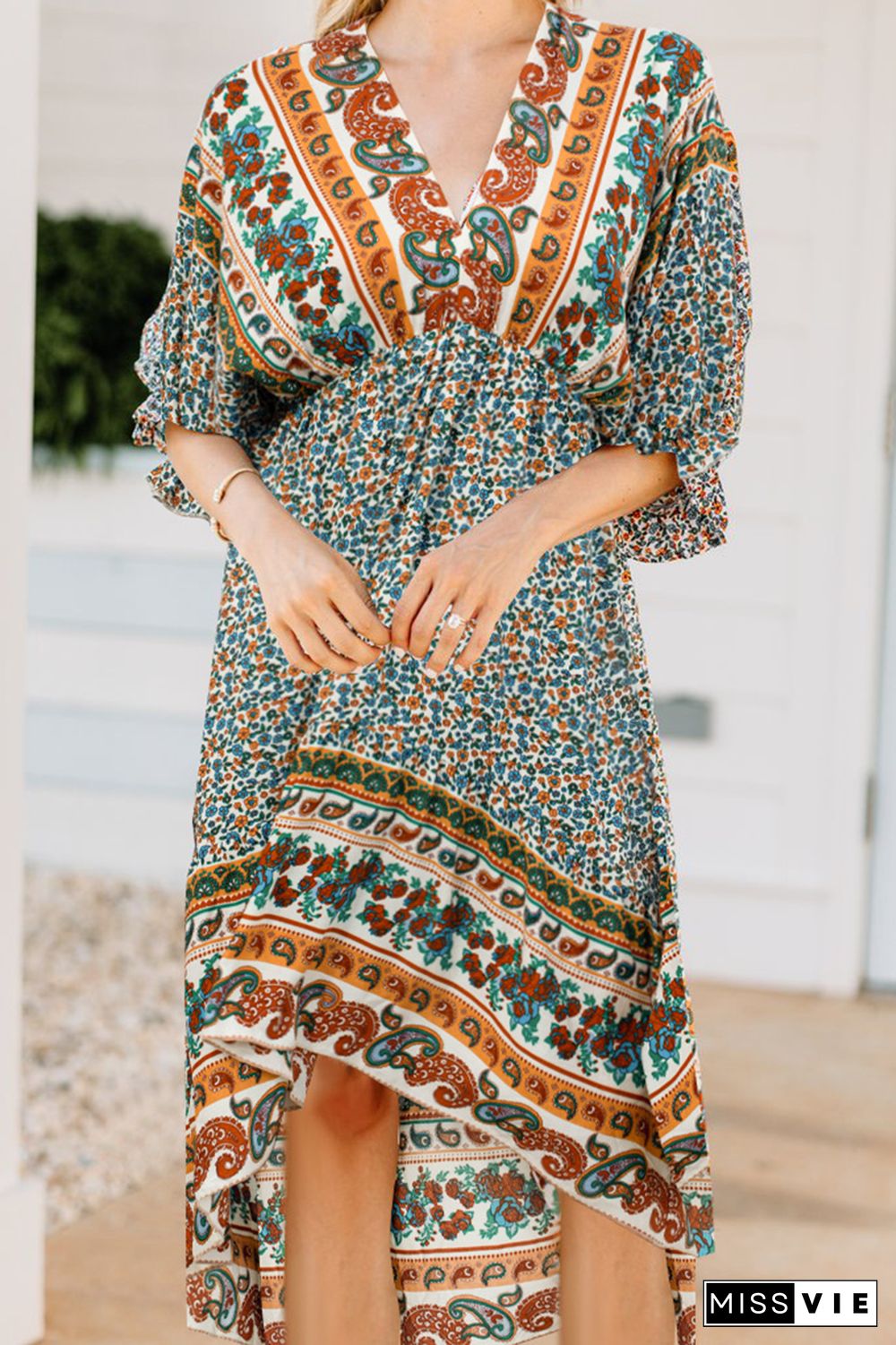 Casual Print Split Joint V Neck Irregular Dress Dresses