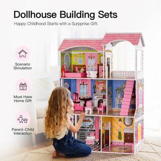 Huluwat Pink Classic Wooden Dollhouse for Toddlers with of Furniture(10-Pieces) DJ-TC-EL-WG154