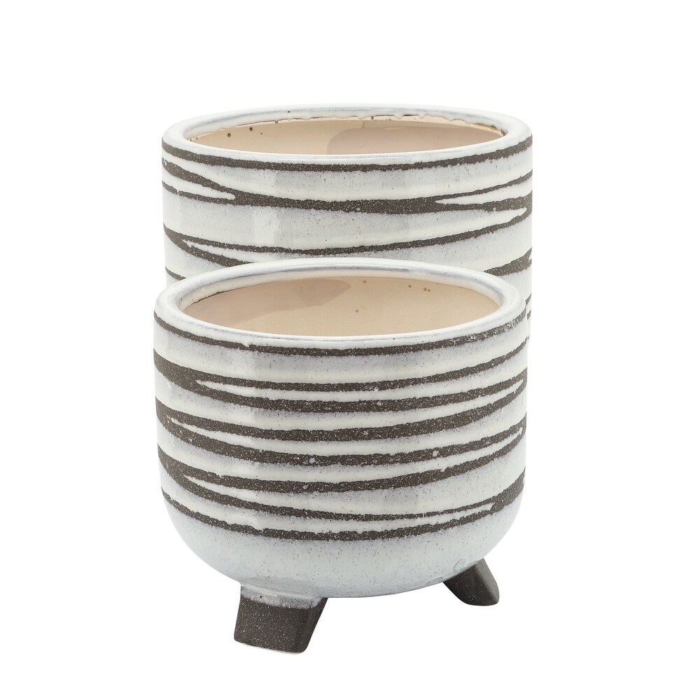 White and Taupe Ceramic Footed Planters (Set of 2)   8.0\