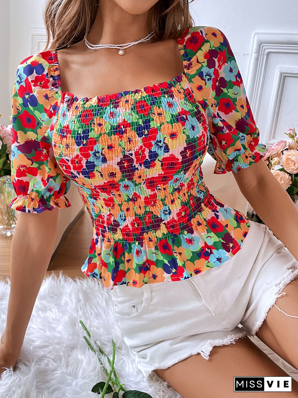 Women's Elegant Bodycon Blouses Top Summer Casual Print Square Neck Gathered Short Sleeve Floral Short Shirts Women Blouses