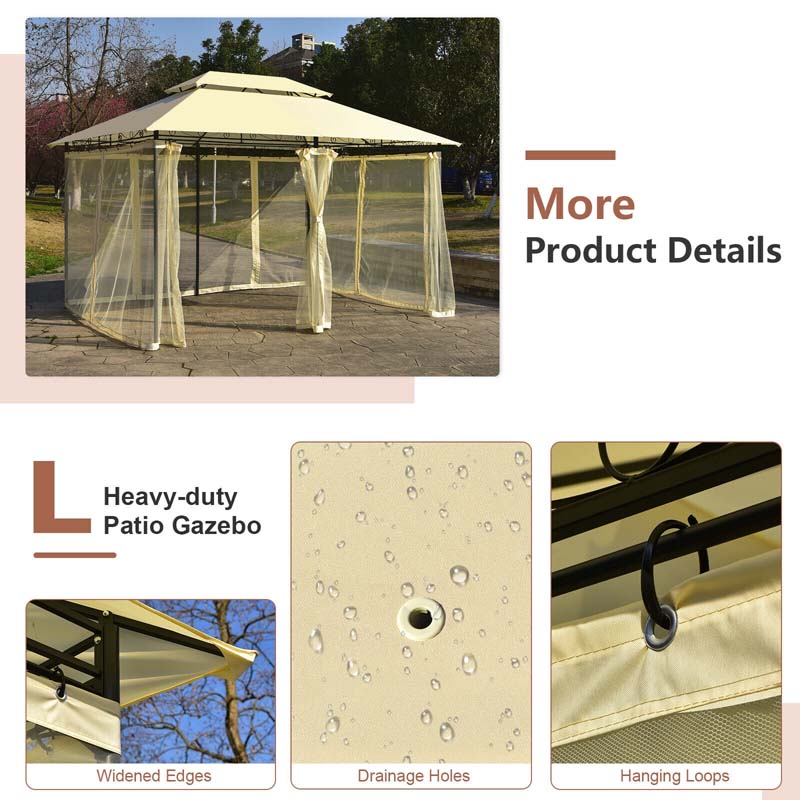 10 x 13 FT Steel Patio Gazebo with Mesh Curtains, 2 Tier Vented Roof Outdoor Canopy Gazebo Tent