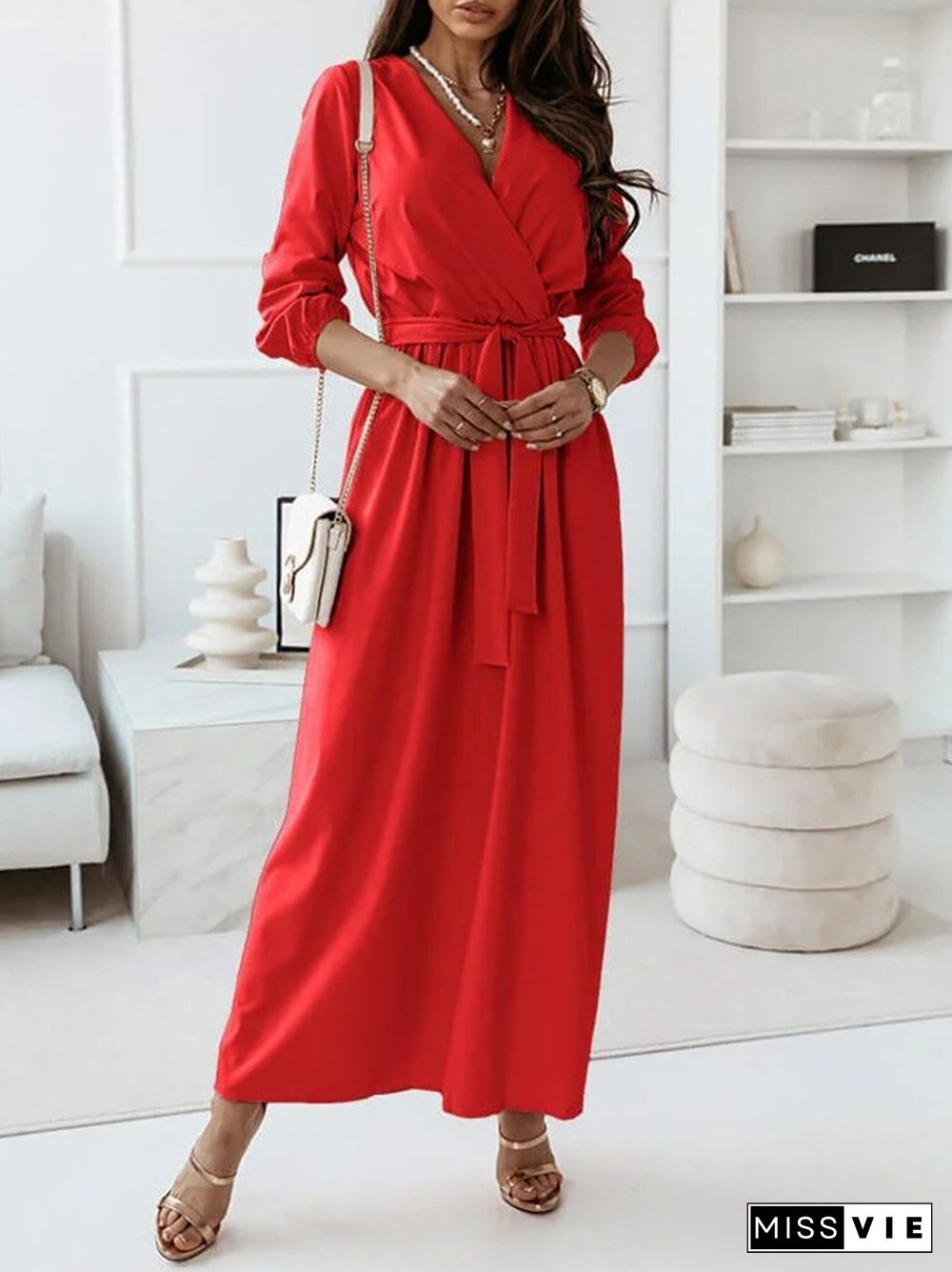 Spring Summer Elegant Half Sleeve V-Neck Lace-Up Long Dress Ladies Fashion Solid Loose Commuter Dress Women Office A-Line Dress