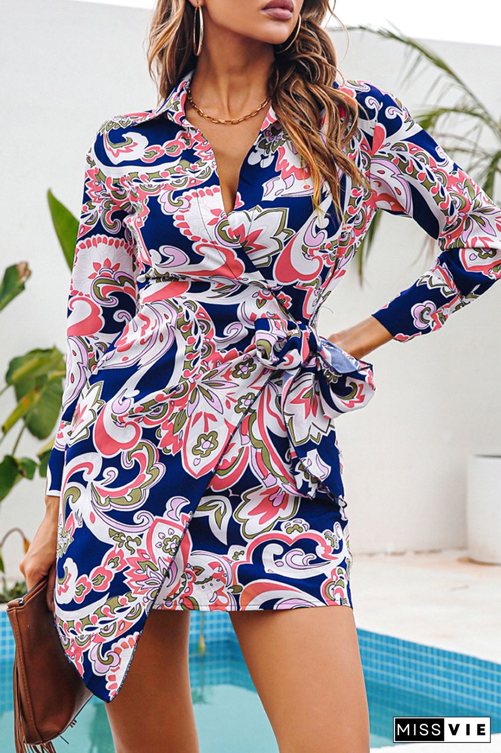 Vintage Print Long Sleeve Hem Dress Wholesale