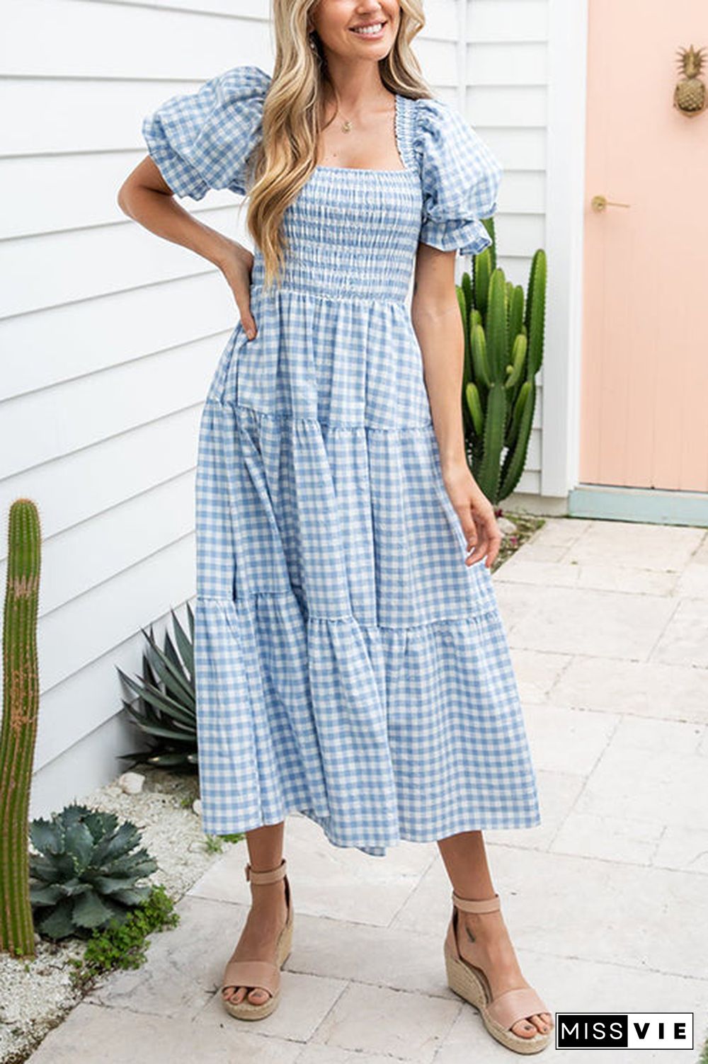 Plaid Square Neck Puff Sleeve Midi Dress