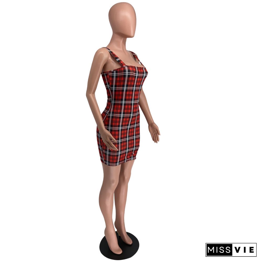 Women Casual Retro Plaid Sexy Sleeveless Square Collar Strap Bodycon Club Party Mini Dresses